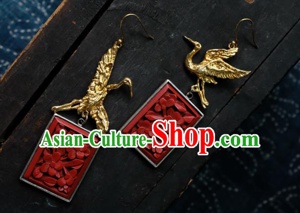 China Handmade Golden Crane Ear Accessories National Earrings Traditional Vermilion Seal Jewelry