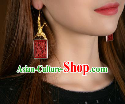 China Handmade Golden Crane Ear Accessories National Earrings Traditional Vermilion Seal Jewelry