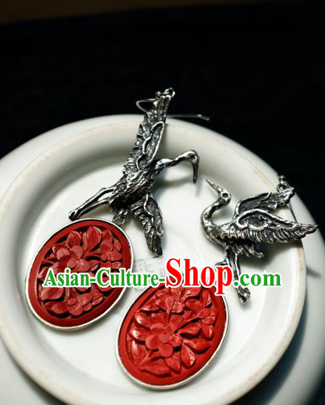 China Handmade Carved Lacquerware Ear Accessories National Earrings Traditional Silver Crane Jewelry