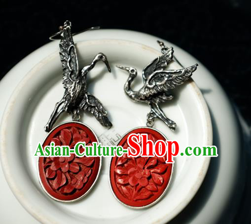 China Handmade Carved Lacquerware Ear Accessories National Earrings Traditional Silver Crane Jewelry