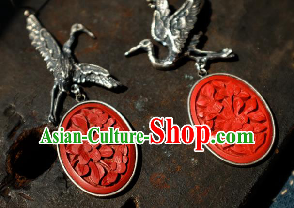 China Handmade Carved Lacquerware Ear Accessories National Earrings Traditional Silver Crane Jewelry