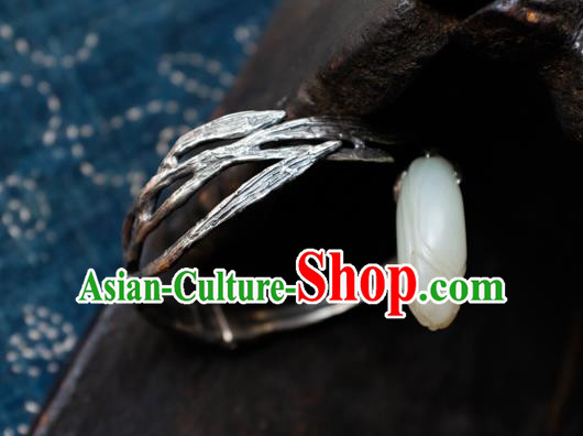 Chinese Traditional White Jade Mangnolia Jewelry Handmade Silver Bracelet Accessories