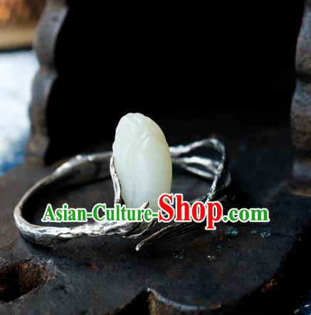 Chinese Traditional White Jade Mangnolia Jewelry Handmade Silver Bracelet Accessories