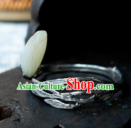 Chinese Traditional White Jade Mangnolia Jewelry Handmade Silver Bracelet Accessories