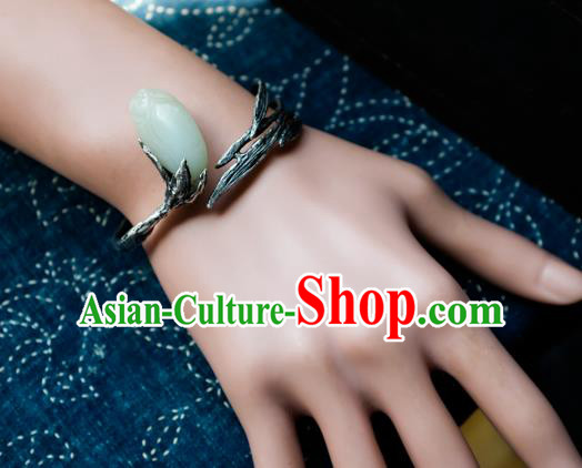 Chinese Traditional White Jade Mangnolia Jewelry Handmade Silver Bracelet Accessories