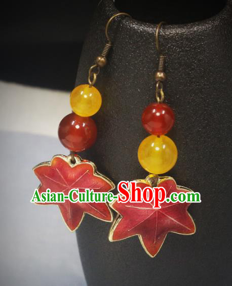 Handmade Chinese Traditional Earrings Red Maple Leaf Ear Accessories