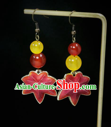 Handmade Chinese Traditional Earrings Red Maple Leaf Ear Accessories