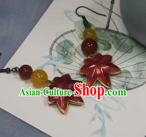 Handmade Chinese Traditional Earrings Red Maple Leaf Ear Accessories