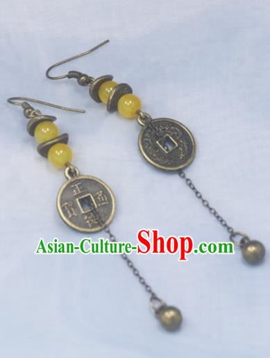 Handmade Chinese National Bells Tassel Ear Accessories Traditional Copper Cash Earrings