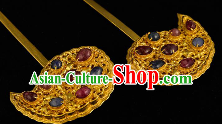 China Traditional Ming Dynasty Gems Hair Crown Handmade Hair Accessories Ancient Queen Golden Hairpin for Women