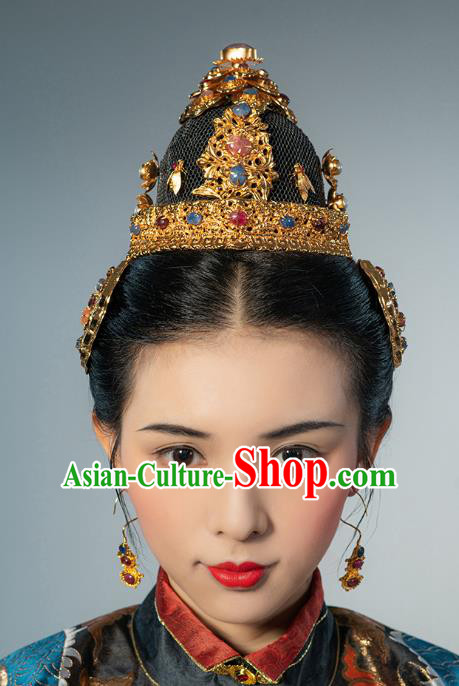 China Handmade Wedding Hair Accessories Ancient Empress Gems Hairpins Traditional Ming Dynasty Hair Crown Full Set