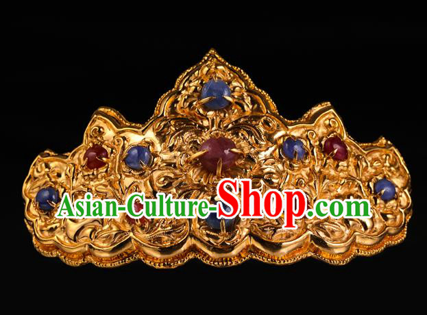 China Traditional Ming Dynasty Hair Crown Handmade Golden Hair Accessories Ancient Empress Gems Hairpin