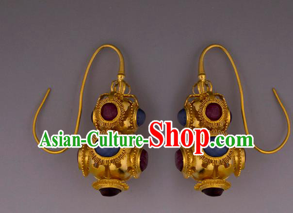 Handmade Chinese Traditional Ming Dynasty Golden Gourd Ear Accessories Ancient Court Lady Gems Earrings Jewelry