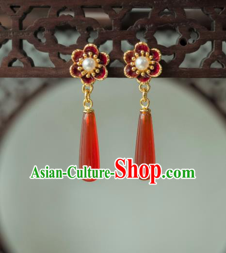 China Traditional Hanfu Agate Earrings Ancient Ming Dynasty Empress Enamel Ear Jewelry