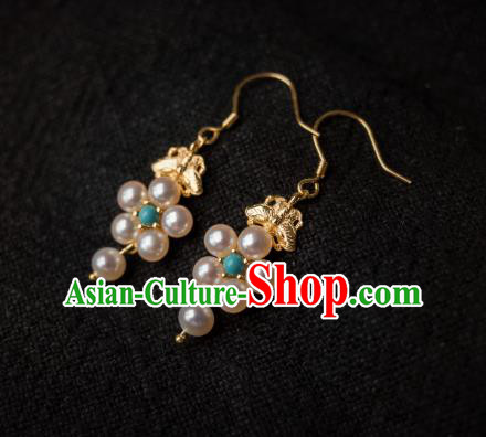 China Traditional Hanfu Pearls Earrings Ancient Ming Dynasty Empress Gilding Ear Jewelry