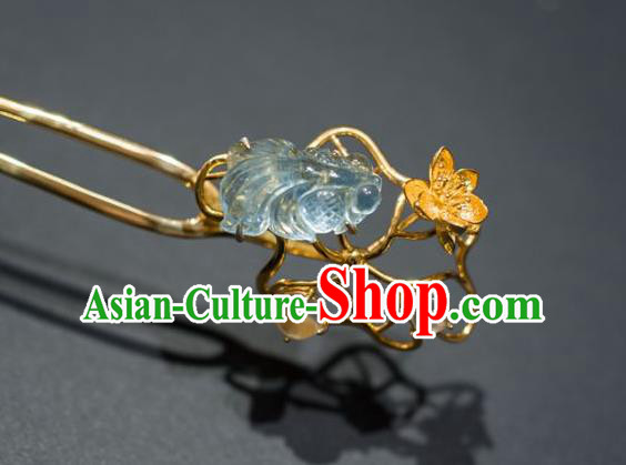 China Traditional Aquamarine Fish Hair Accessories Ancient Ming Dynasty Golden Lotus Hairpin