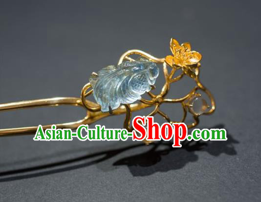 China Traditional Aquamarine Fish Hair Accessories Ancient Ming Dynasty Golden Lotus Hairpin