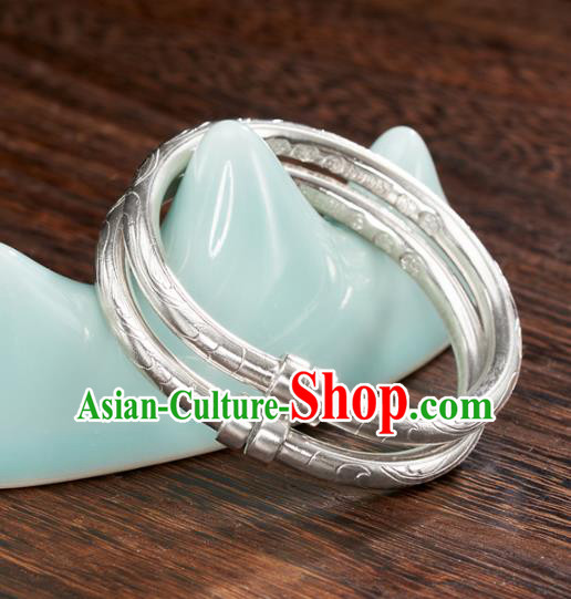 China Tang Dynasty Empress Jewelry Accessories Ancient Court Woman Carving Silver Bracelet