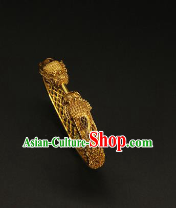 China Ancient Hollowed Dragon Golden Bracelet Handmade Ming Dynasty Jewelry Accessorie