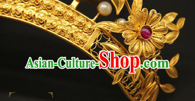 China Handmade Tang Dynasty Hair Accessories Traditional Court Golden Hair Crown Ancient Empress Hairpin
