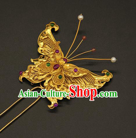 China Ancient Empress Butterfly Hairpin Traditional Ming Dynasty Gems Hair Accessories Handmade Palace Golden Hair Clip