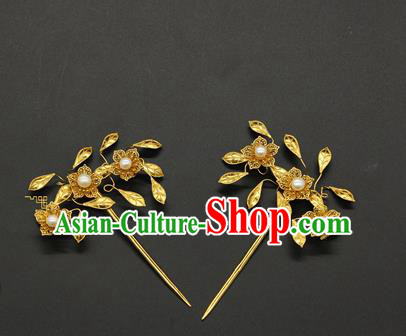 China Ancient Ming Dynasty Court Hair Accessories Traditional Handmade Golden Flowers Hairpin