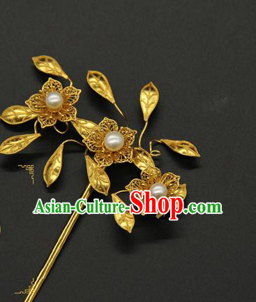 China Ancient Ming Dynasty Court Hair Accessories Traditional Handmade Golden Flowers Hairpin