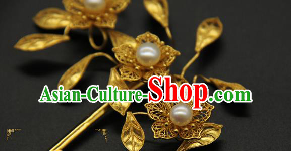 China Ancient Ming Dynasty Court Hair Accessories Traditional Handmade Golden Flowers Hairpin