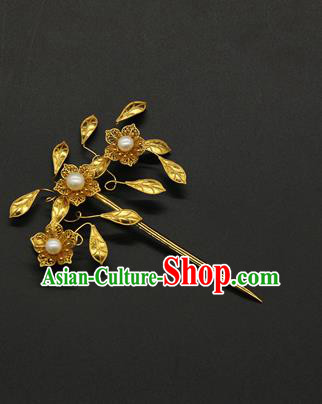 China Ancient Ming Dynasty Court Hair Accessories Traditional Handmade Golden Flowers Hairpin
