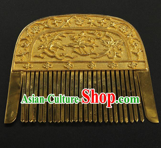 China Handmade Court Hairpin Ancient Empress Hair Accessories Traditional Tang Dynasty Carving Golden Hair Comb