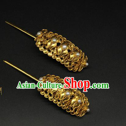 China Traditional Handmade Pearls Hairpin Ancient Court Empress Hair Accessories Ming Dynasty Golden Hair Stick