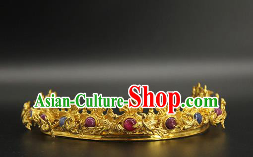 China Traditional Ming Dynasty Hair Accessories Ancient Court Empress Hairpin Handmade Gems Golden Hair Crown