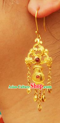 Handmade Chinese Traditional Ming Dynasty Empress Golden Earrings Ancient Hanfu Ear Jewelry Accessories