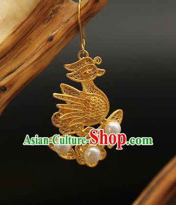 Handmade Chinese Ancient Empress Ear Jewelry Traditional Ming Dynasty Golden Mandarin Duck Earrings Accessories