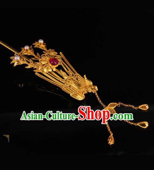 China Ancient Qing Dynasty Empress Golden Phoenix Hairpin Traditional Palace Headpiece Handmade Queen Tassel Hair Stick