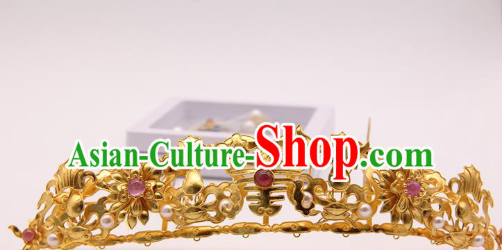 China Traditional Ming Dynasty Hair Accessories Handmade Golden Hairpin Ancient Empress Pearls Hair Crown
