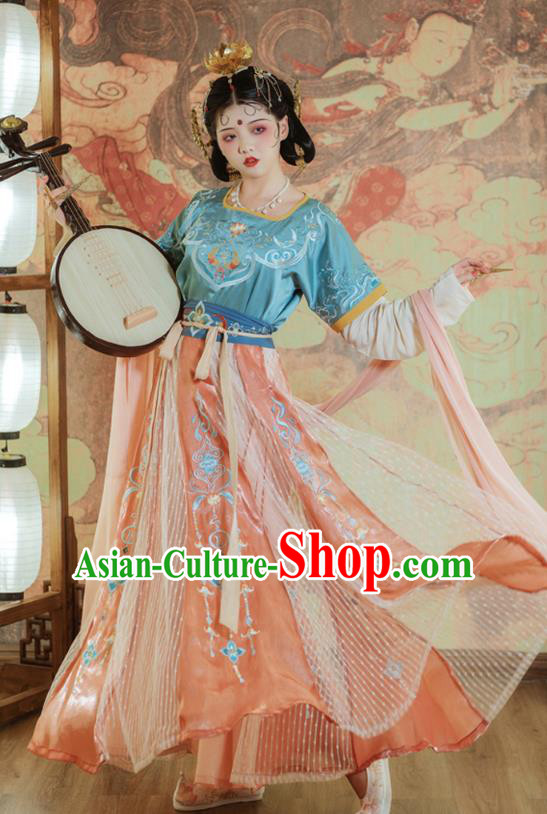 Ancient China Tang Dynasty Palace Lady Embroidered Clothing Traditional Classical Dance Hanfu Dress Full Set