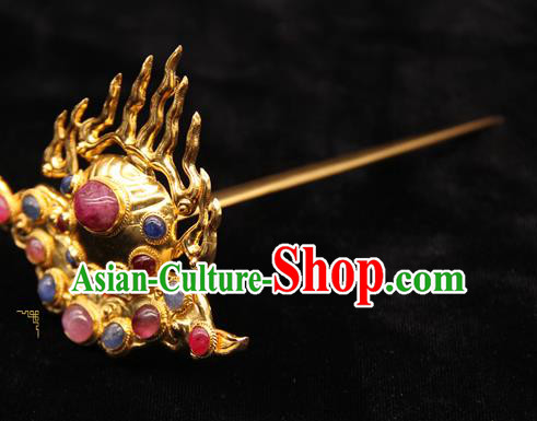 China Ancient Empress Golden Flame Hairpin Handmade Hair Accessories Traditional Ming Dynasty Gems Hair Crown