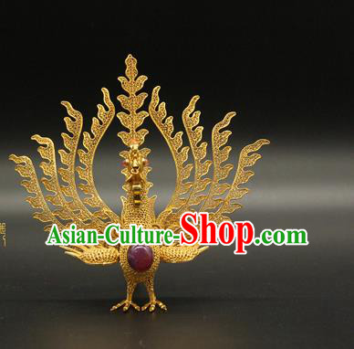 China Handmade Queen Ruby Phoenix Hair Crown Traditional Palace Headpiece Ancient Ming Dynasty Empress Golden Hairpin