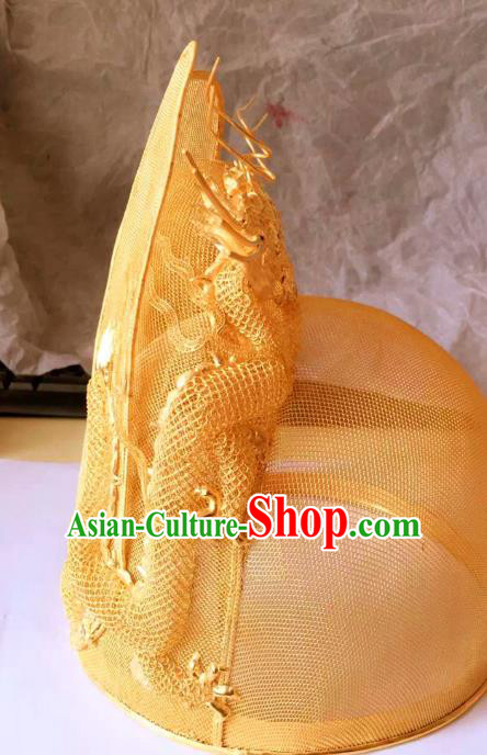 China Ancient Emperor Golden Hat Traditional Ming Dynasty Lord Dragon Headwear