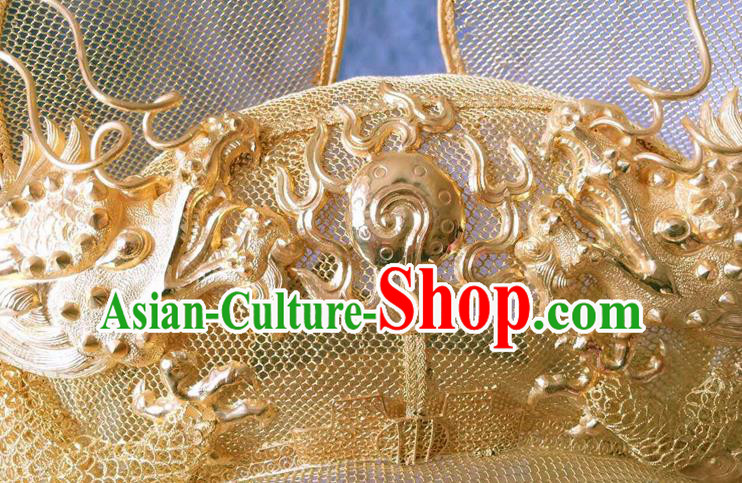 China Ancient Emperor Golden Hat Traditional Ming Dynasty Lord Dragon Headwear