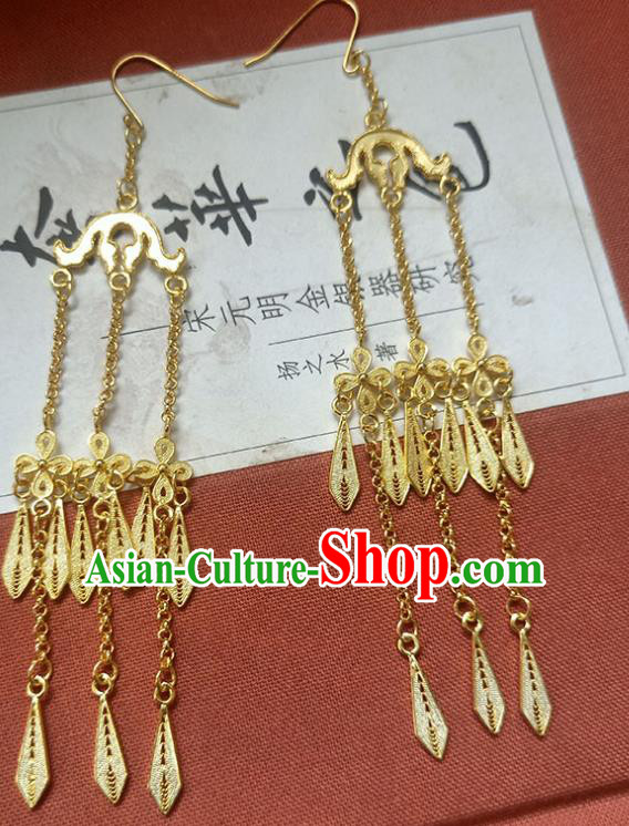 Handmade Traditional Court Golden Tassel Ear Jewelry Chinese Ancient Qing Dynasty Princess Earrings Accessories