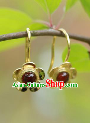 Handmade Chinese Garnet Earrings Traditional Accessories Ancient Court Hanfu Golden Plum Ear Jewelry