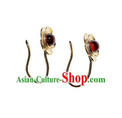 Handmade Chinese Garnet Earrings Traditional Accessories Ancient Court Hanfu Golden Plum Ear Jewelry
