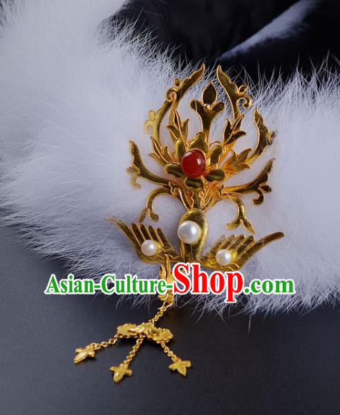 China Traditional Ming Dynasty Golden Phoenix Hair Crown Handmade Palace Hair Jewelry Ancient Queen Hairpin