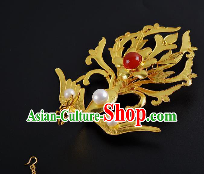 China Traditional Ming Dynasty Golden Phoenix Hair Crown Handmade Palace Hair Jewelry Ancient Queen Hairpin