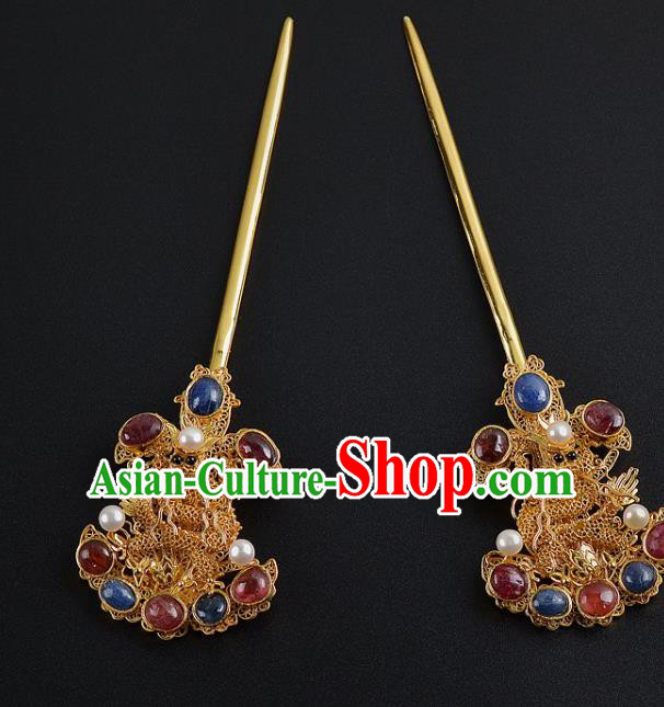 China Ancient Empress Gems Hairpin Handmade Palace Hair Jewelry Traditional Ming Dynasty Pearls Golden Hair Stick