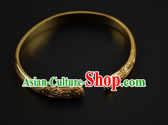 Handmade Chinese Ancient Court Golden Bracelet Jewelry Traditional Tang Dynasty Carving Bangle Accessories