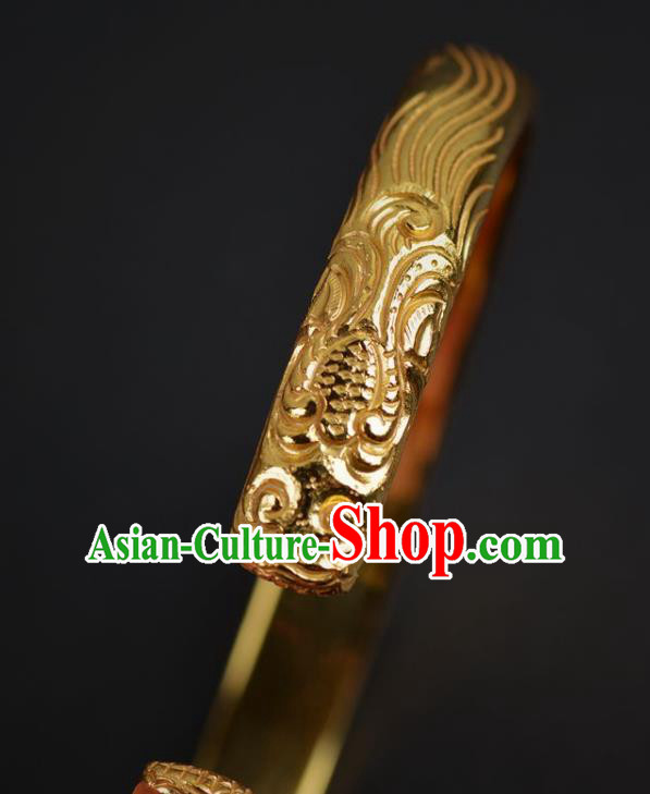 Handmade Chinese Ancient Court Golden Bracelet Jewelry Traditional Tang Dynasty Carving Bangle Accessories