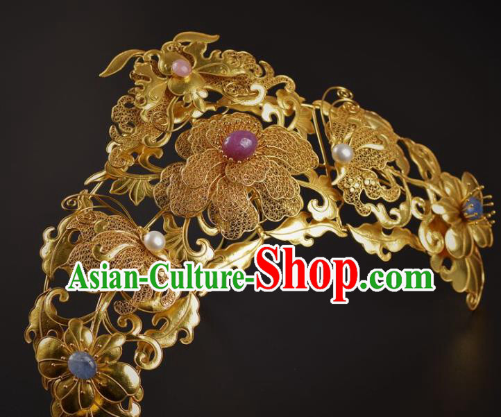 China Traditional Tang Dynasty Golden Peony Hairpin Handmade Hair Jewelry Ancient Empress Filigree Golden Hair Crown